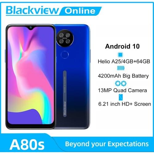 Blackview A80s 4GB+64GB Android 10 Smartphone Octa Core 13MP Rear Camera 4200mAh Face Fingerprint Unlock Phone 4G Cellphone