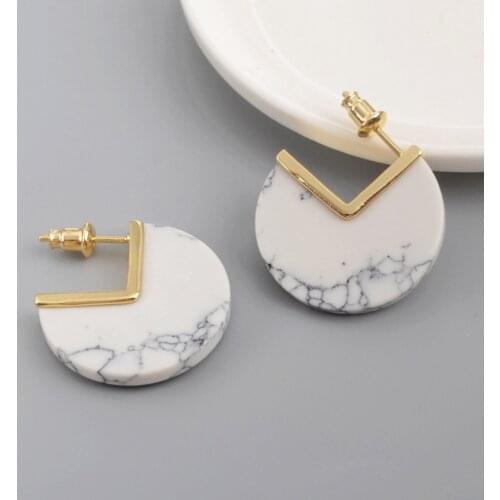 BOROSA Design Gold Plated Natural Turquoises Stud Earrings High Quality White Howlite Slice Earring Women Gifts Jewelry ZG0431