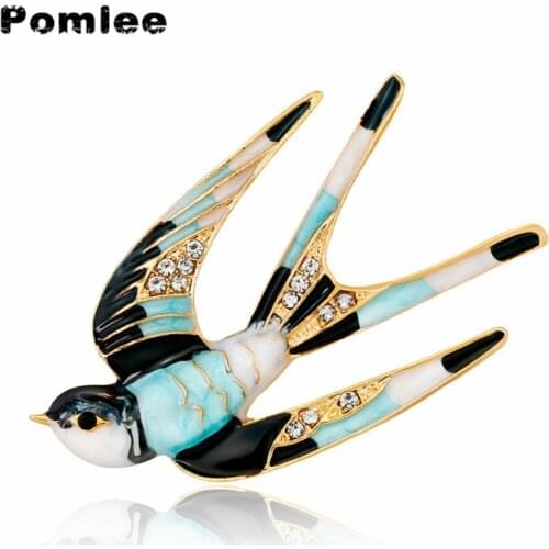 Pomlee Vivid Swallow Design Brooch Pin Black Blue Enamel Gold Color Metal Scarf Pins Women Costume Jewelry Accessories 2020 New