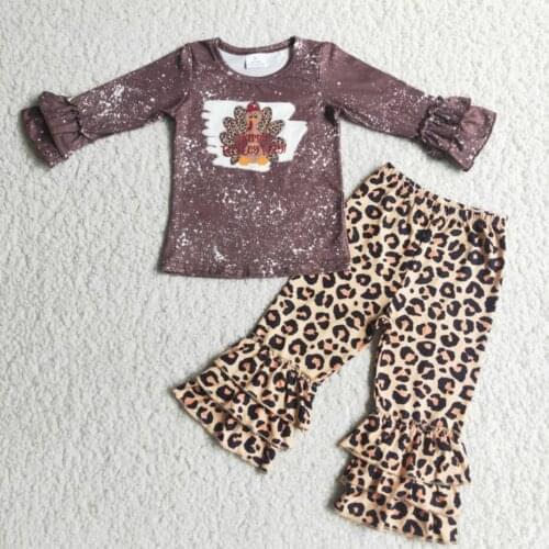 Toddler Baby Girls Pants Outfit Kids Clothes Ruffle Off The Shoulder Top Blouse Deer Pumpkin Print Bell Bottom Pants Set
