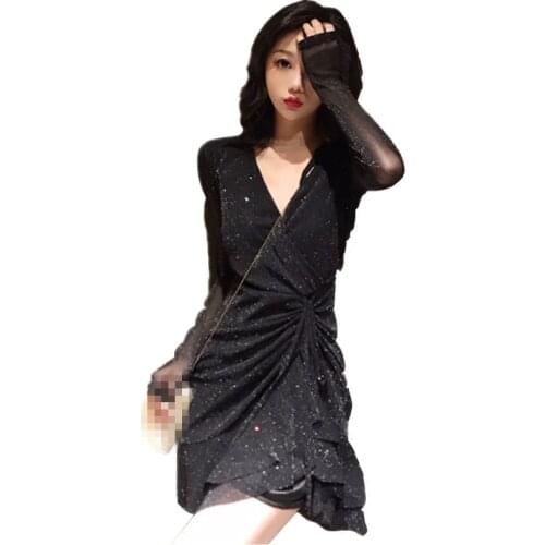 ZC1315 2020 spring new women fashion temperament sexy cross V collar sequin fishtail dress cheap wholesale