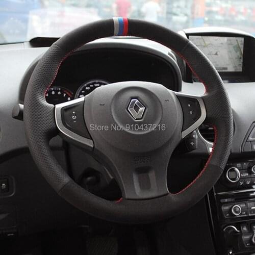 DIY Black Perforated Suede Leather Red Thread Hand sewing Steering Wheel Wrap Cover For Renault Koleos