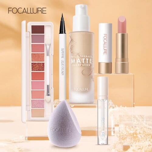 FOCALLURE 6pcs Makeup Set Eyeshadow Palette Lipgloss Lipstick Facial Cosmetics Eyeliner Makeup Sponge Kit