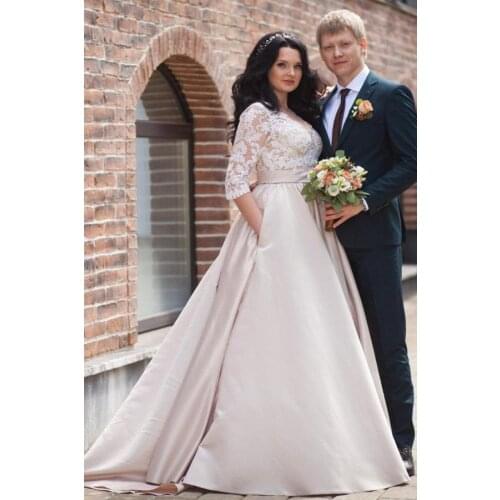 Beautiful Champagne V-Neck Illusion Long Sleeve A-Line Satin Plus Size Wedding Dress With Lace Appliques Bridal Gowns