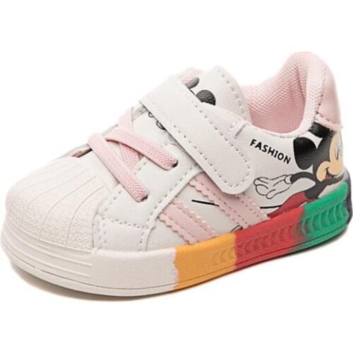 Disney Cartoon Mickey Mouse Baby Shoes For Boys Girls Fashion White Casual Sneaker Rainbow Soft Bottom Toddler Shoes