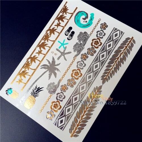 Cool design summer style HYS-45 coconut tree pineapple Plum flower stickers gold silver chain choker bracelets Temporary Tattoos