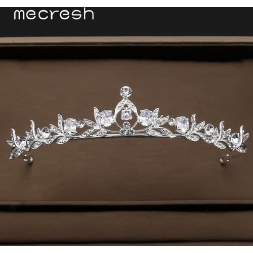 Mecresh Cute Princess Crystal Tiara Crown Cubic Zirconia Bride Hair Accessories Leaf Wedding Headband Royal Queen Diadem HG243