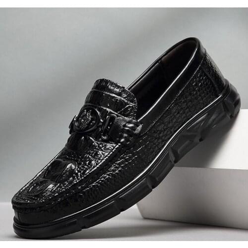 2020 Mens Crocodile-print casual shoes trend mens leather shoes lazy driving shoes soft-soled leather male bean shoes
