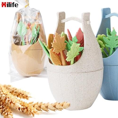 Green Biodegradable Straw Leaves Fruit Fork Set Cake Salad Vegetable Forks Table Decor Tools 16pcs/set