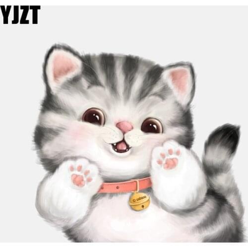 YJZT 14.7CM*13.9CM Lovely Kitten With Bell PVC Cat Car Sticker 11-00926