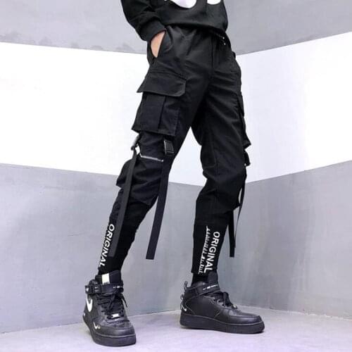 Autumn men ribbons hip hop pants with multi pockets man embroidery vintage joggers slim fit sweatpants