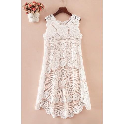 Pearl Diary Women Cotton Knit Crochet Irregular Tailed Tank Dress Hi Low Bottom Resort Beach Dress Floral Pattern Vintage Dress