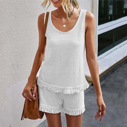 Summer Solid Pajams Sleeveless Women Sweater Crop Top Casual Tassel Shorts Set Mujer Loose Casual Tracksuit Tank Top Knit Sets