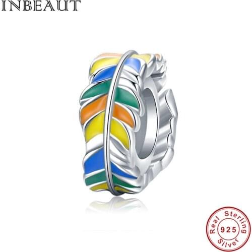INBEAUT New enamel charms 925 sterling silver beads with silicone colored feather jewelry pendant fit brand bracelet DIY making