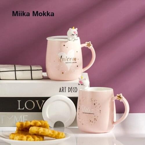 Pink Kawaii Unicorn Ins Ceramic Cup 420ml Cute Student Korean Style Cartoon Mug with Lid Spoon Milk Water Coffee Tea Cup Home
