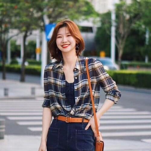 Xiaohe same IC spring and summer womens Plaid Shirt 10mm silk chiffon Plaid printed womens shirt