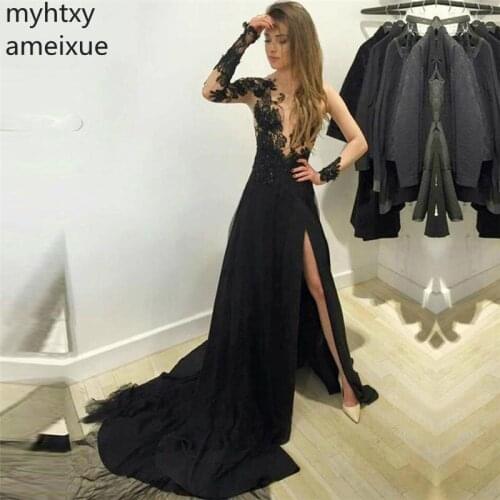 Sexy Split Long Sleeve Lace A-line Prom Dresses Evening 2020 Pageant Formal Party Vestido De Festa Robe Soiree Dress Elegant