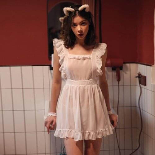 Young Girl Sexy Lingerie Maid Student Uniform Cosplay Chiffon Lace Summer Cute Perspective Hot Backless Nightdress Pajamas Set