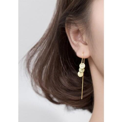 925 Sterling Silver Drop Dangle Earrings for Women Ear Line Chain Matte Coin Round Wafer Tassel Long Earring Fashion Jewelry