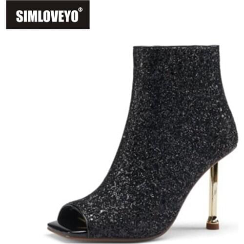 SIMLOVEYO 2021 Summer Bling Mid Calf Glitter Boots Sequined Cloth Peep Toe Zip 9.5CM High Strange Stiletto Heel Size 33-43 A4180
