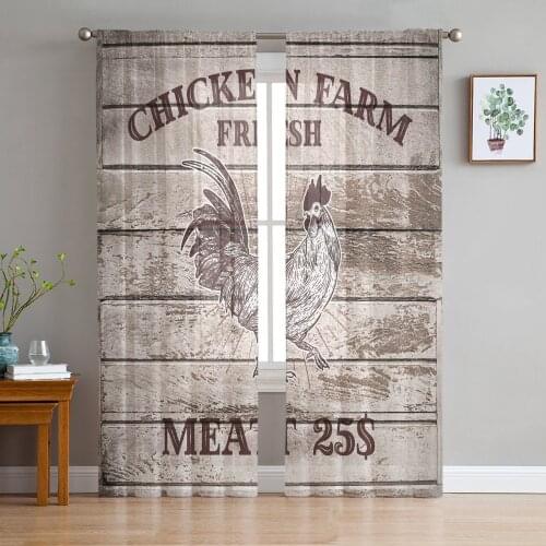 Farm Wood Grain Vintage Cock Sheer Curtains for Living Room Bedroom Kitchen Tulle for Windows Voile Drapes Home Decoration