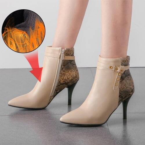 Plus Size 34-46 New Women Boots Ankle PU Leather Zipper Booties High Heels Autumn Shoes Black Winter Boots Zapatos Pointed Toe