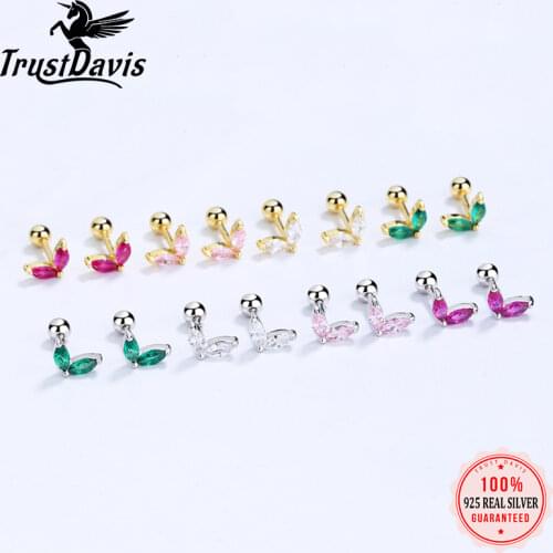 TrustDavis Real 925 Sterling Silver Fashion Sweet Leaves Shiny CZ Screw Stud Earrings For Women Wedding Fine Jewelry Gift DA2256