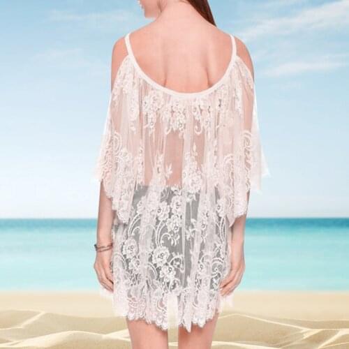 Womens Swimsuit Beach Dress Suspender Smock Lace Off Shoulder Swimwear Pareo Beach Cover Up Sexy Blouse Dress Bikini Cover-Ups