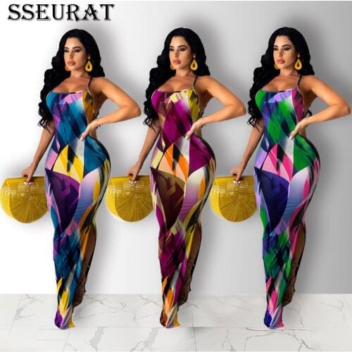 SSEURAT Women Long Dress Tie Dye Print Spaghetti Strap Sheath Elastic Maxi Dresses Sexy Night Club Party Vestidos Summer