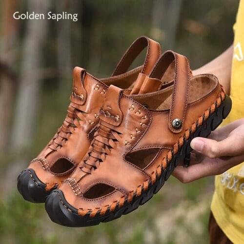 Golden Sapling Leisure Mens Sandals Fashion Outdoor Casual Shoes Men Genuine Leather Beach Sandals Classics Trekking Footwear