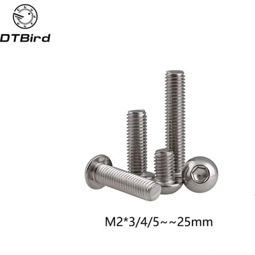 100pcs M2 Bolt A2-70 Button Head Socket Screw Bolt SUS304 Stainless Steel M3*(3/4/5/6/8/10/12/14/22/25) mm