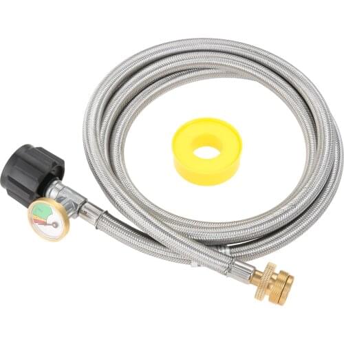 6FT Propane Adapter Hose with Gauge 1lb to 20lb Stainless Braided Propane Tank Hose Converter for QCC1 / Type1 LP Tank to 1 LB