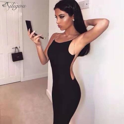 Ailigou 2021 Summer New Womens Sleeveless Backless Square Neck Dress Sexy Diamond Chain Sling Bandage Dress