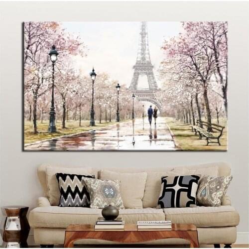 City Lovers Walking on The Street Paris Eiffel Tower Landscape HD Print Abstract Canvas Painting Wall Art Living Room Home Decor