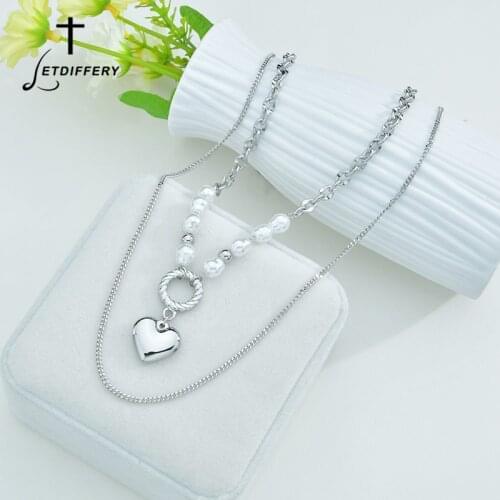 Letdiffery Fashion Multilayer Pearl Heart Pendant Chain Necklace Silver Color Love for Women Stainless Steel Party Birthday Gift