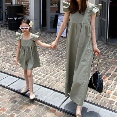 2021 Parent-child summer dress new Korean ladys air lotus leaf side small flying sleeve mother and daughter jumpsuit
