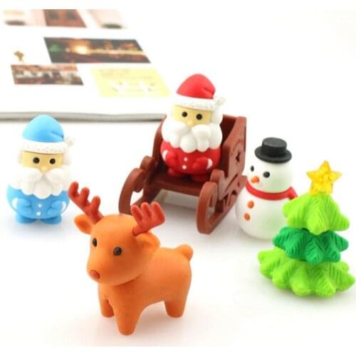 5Pcs/Pack Mini Kawaii Eraser Cartoon Santa Christmas Tree Snowflake Elk Deer School Office Supplies Rubber Erasers Gift for Kids