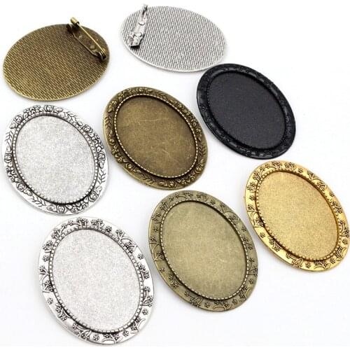Fashion 5pcs 30x40mm Inner Size Antique Gold/Silver Plated Bronze Black Flower Brooch Pins Cabochon Blank Base Setting Tray