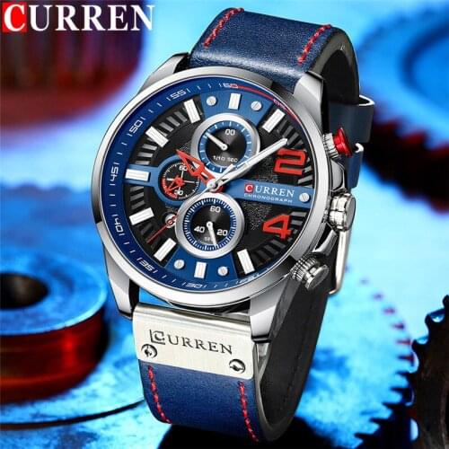 CURREN Chronograph Man WristWatch Calendar Sport Men Watch Military Top Brand Luxury Blue Genuine Leather Male Clock Gift 8393