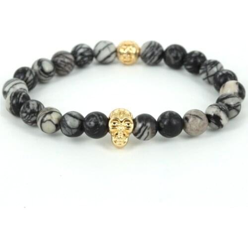 Natural Spider Web Stone Beads Skull Bracelets 2017 Bracciali Pulseras Men Jewelry Lion Head Bracelet