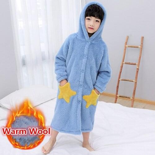 Autumn Winter Kids Flannel Bathrobe Star Pattern Childrens Onsie Pajamas For Boys High Quality Hooded Sleepwear Robes For 4-13T
