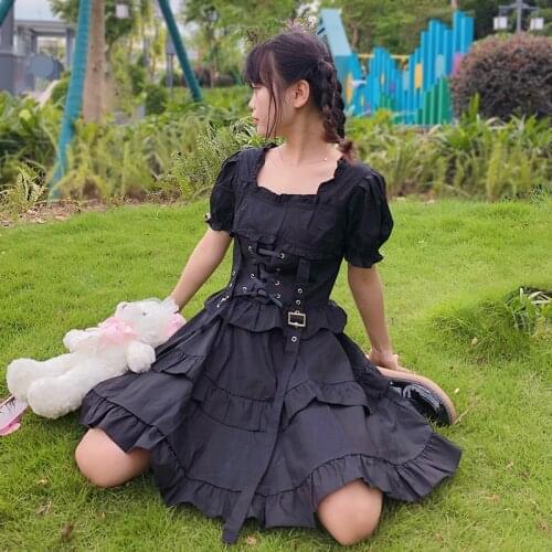 Sannian Women Dress Japanese Retro Dark Black Lolita Puff Sleeve Cross Strap Ruffled Puffy Dresses Women Clothes Summer