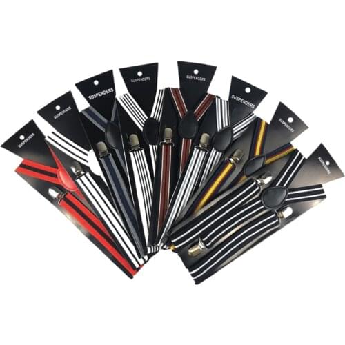 Winfox Fashion Adult Clip-on Braces Elastic Adjustable Black White Blue Striped Suspenders For Women Mens