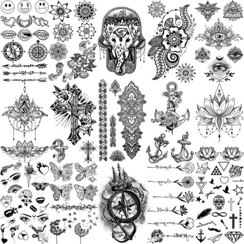 Black Mandala Lotus Pendant Temporary Tattoos For Women Adult Neck Hands Cross Anchor Tatoo Flower Butterfly Fake Tattoo Paper