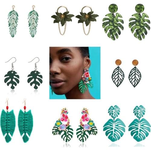 Diverse Style Leaves Shape Women Dangle Earrings Acrylic Rhinestone ZA Hook Earrings Green Earrings Collection Best Gift ET1224