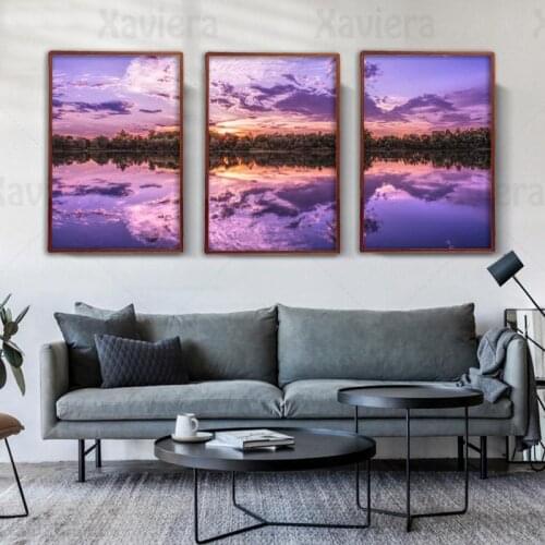 Romantic Painting Afterglow Sunset Poster Purple Lake Landscape Painting Wall Art Canvas Printing Living Room Decoration