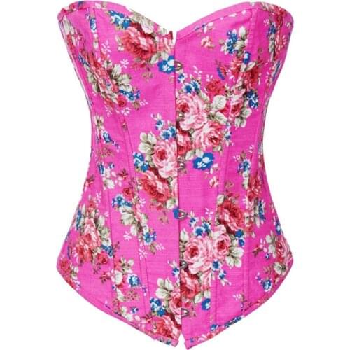 Caudatus Sexy Red Waist Trainer Corsets and Bustiers Flower Print Lace Up Overbust Corset Top For Lingerie Fashion Korsett Pink
