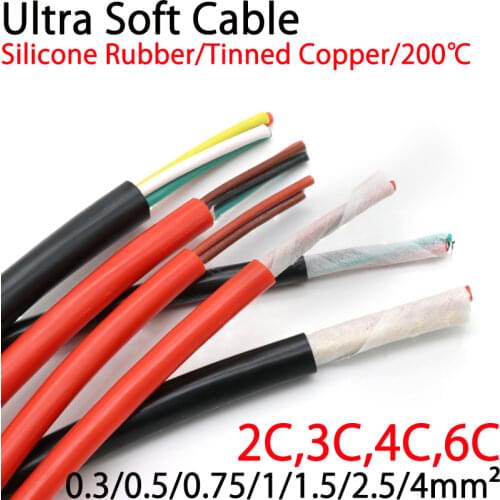 Square 0.3 0.5 0.75 1 1.5 2 2.5 4mm Ultra Soft Silicone Rubber Cable 2 3 4 Cores Insulated Flexible Copper High Temperature Wire