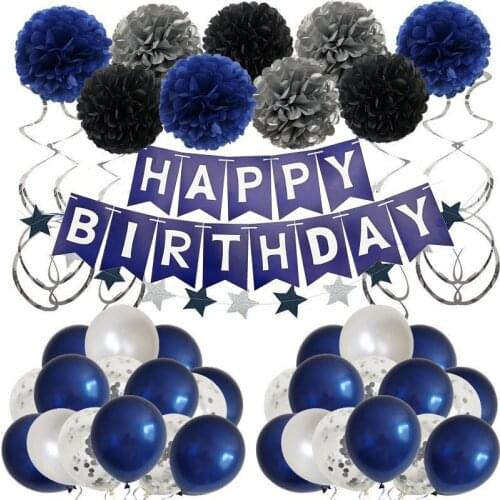 Navy Blue Silver Birthday Party Decoration Latex Balloon Paper Flower Ball Flag Star Night Decoration Birthday Party Layout
