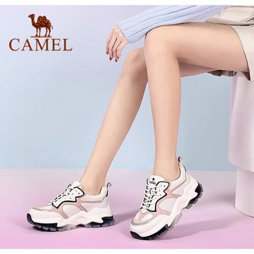 CAMEL Chunky Sneakers Women Pigskin Mesh Fashion Casual Shoes Platform Thick Heel Lace-Up Sport Shoes 2021 New Autumn Footwear